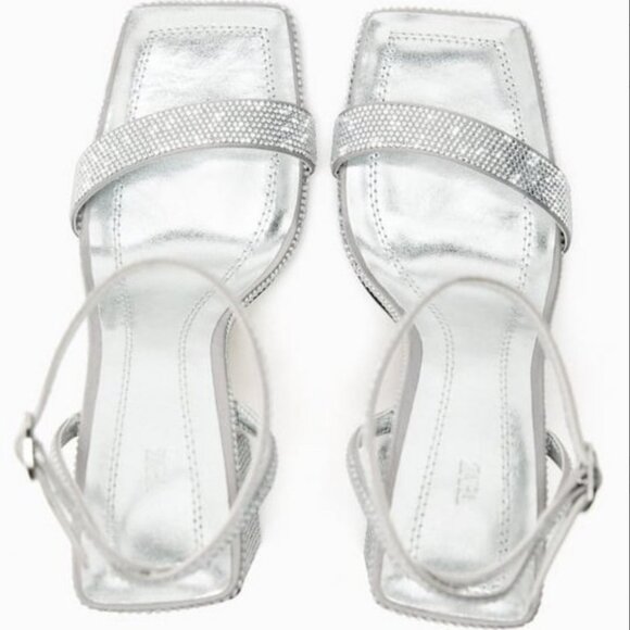 Zara Silver Block Heel Rhinestone Sandals - Picture 5 of 8
